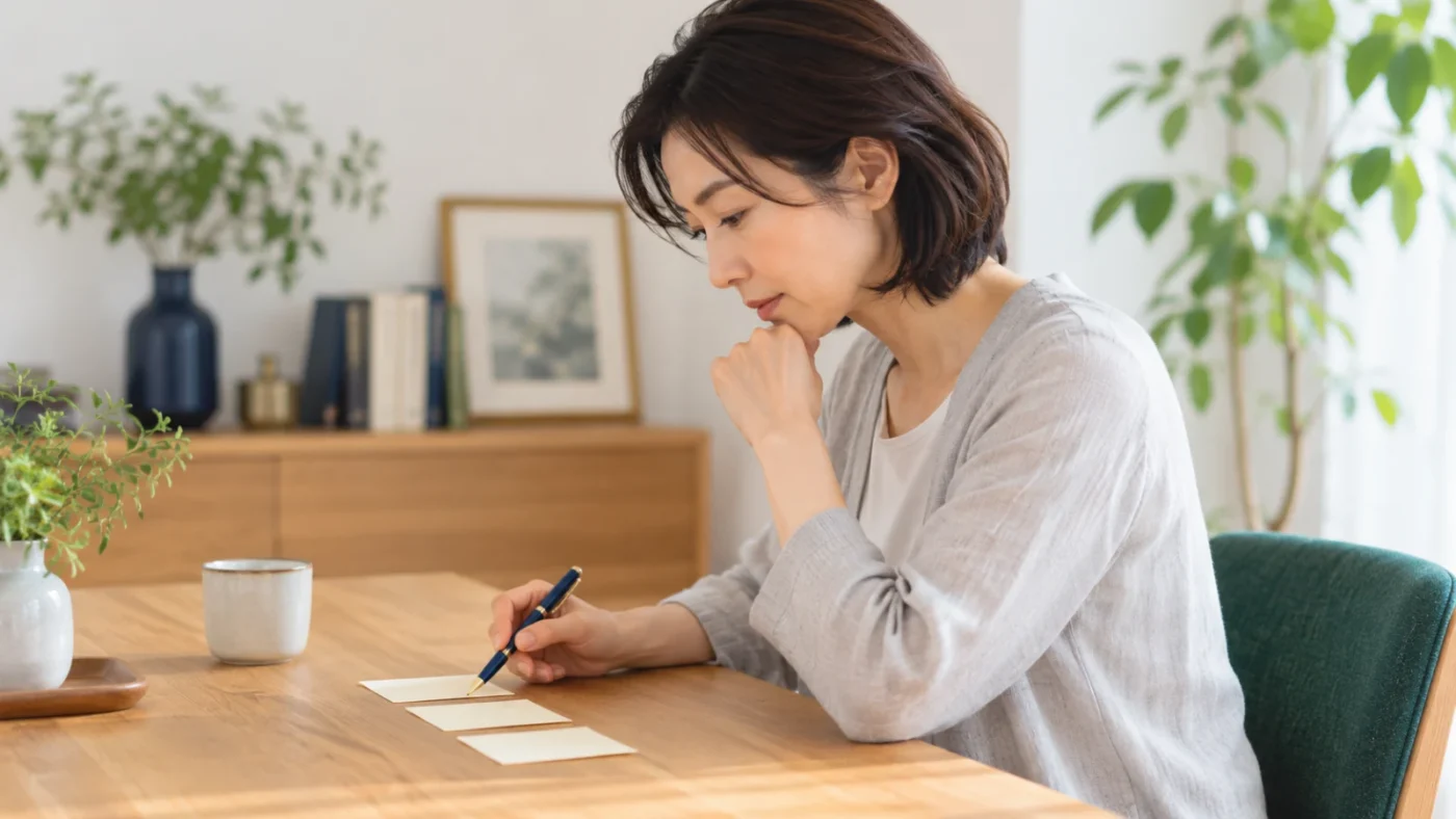 相談の目的を整理しながらメモを取る日本人女性を描いたAI生成イメージ