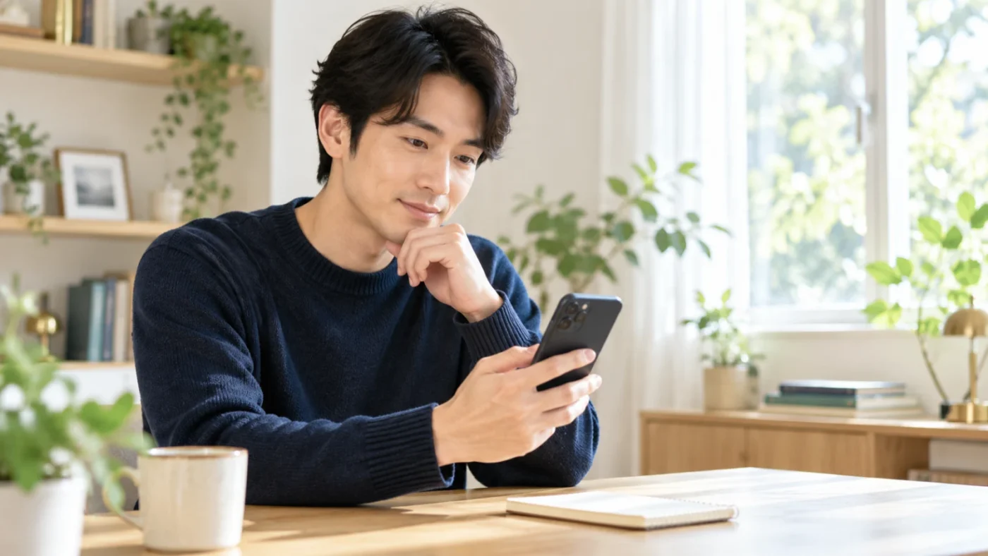 スマートフォンで連絡を確認する日本人男性を描いたAI生成イメージ