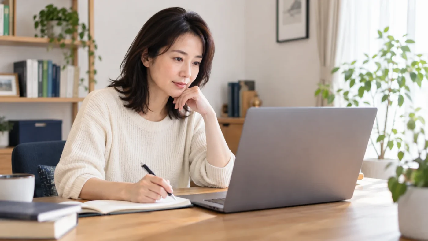 自宅でパソコンを使いながらメモを取る日本人女性を描いたAI生成イメージ