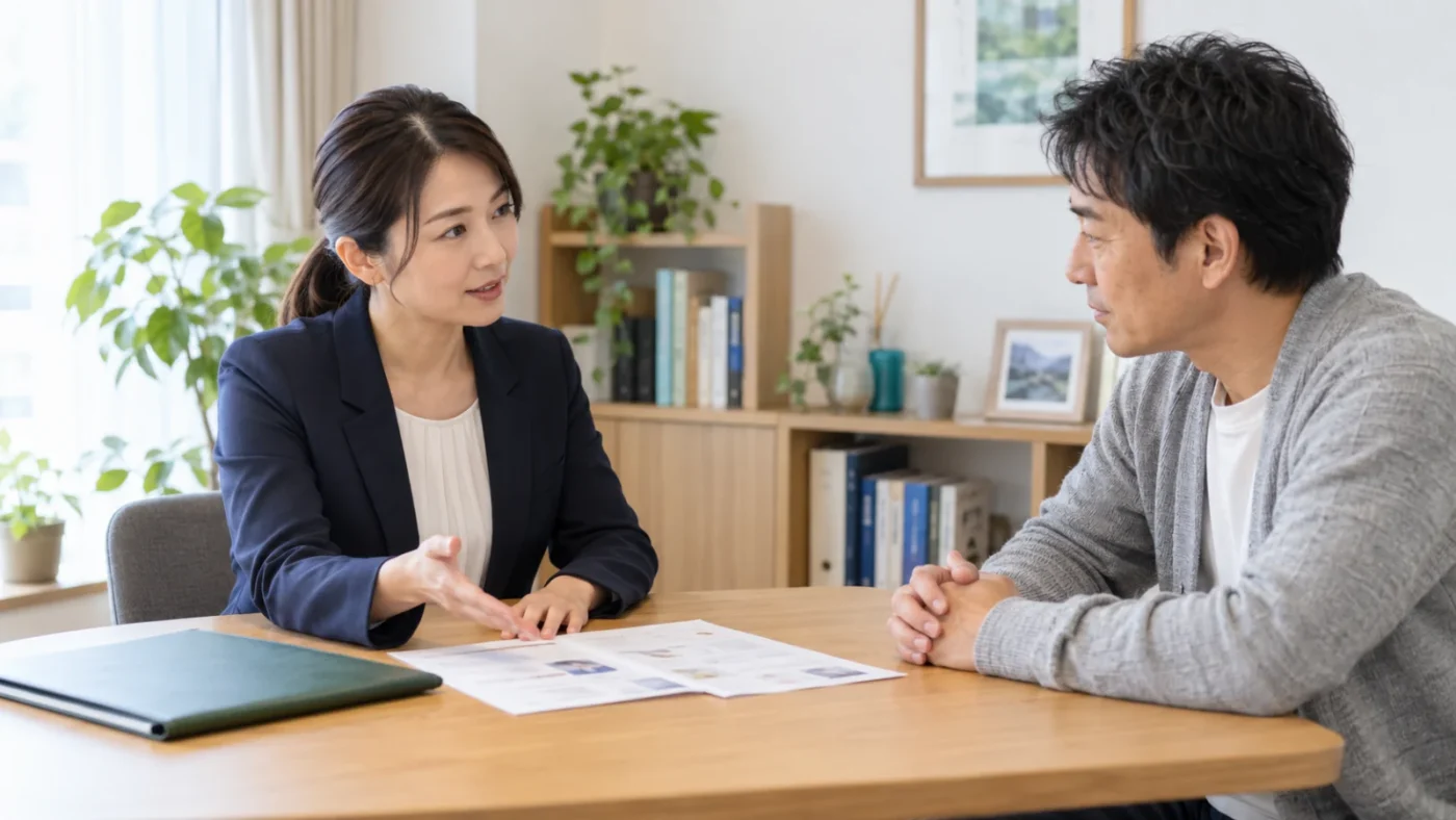 相談室で書類を挟んで話し合う日本人の男女を描いたAI生成イメージ