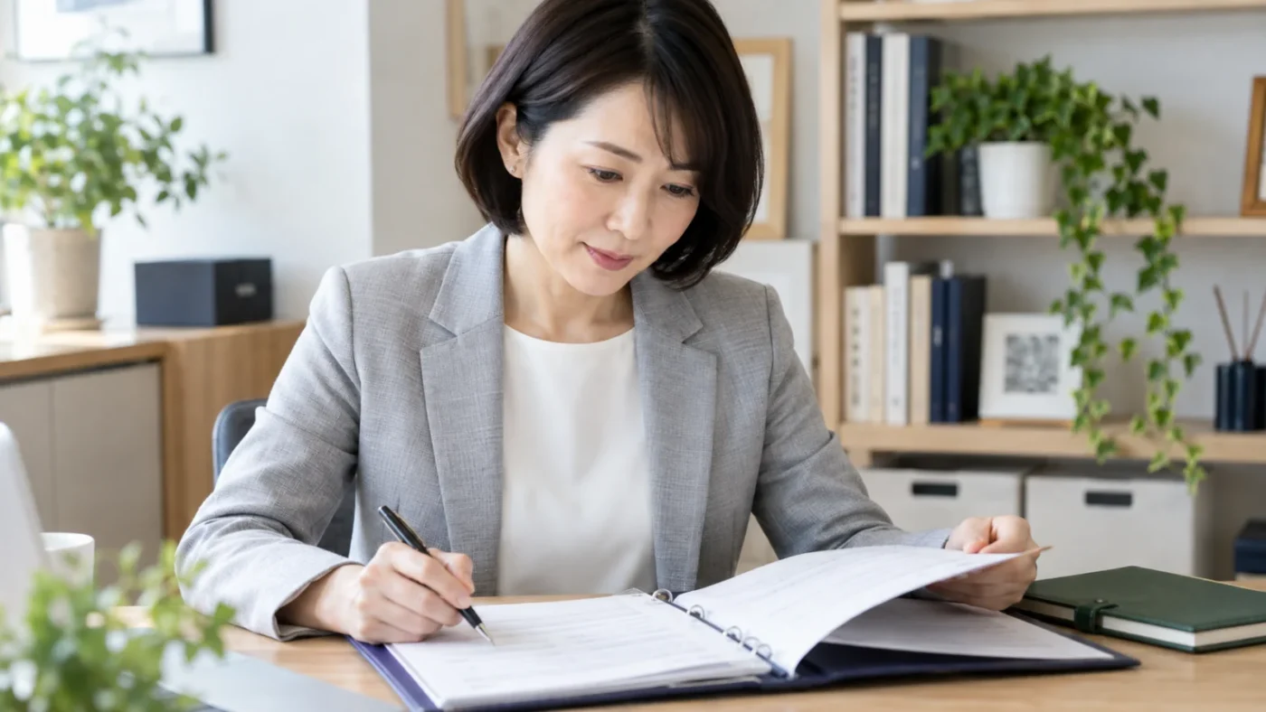 ファイルに入った書類をペンで確認する日本人女性を描いたAI生成イメージ