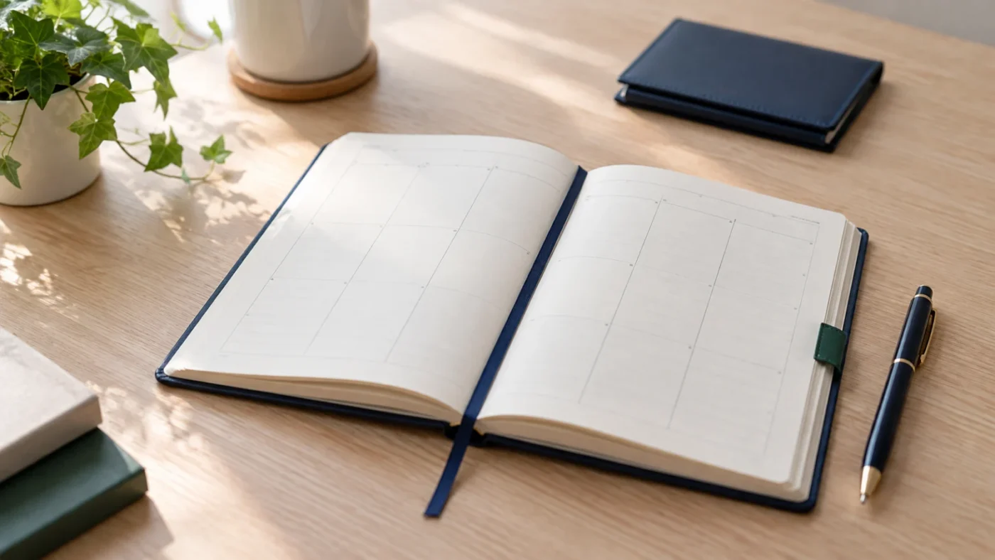 予定を書き込む手帳と紺色のペンを机に置いた、人物のいないAI生成イメージ