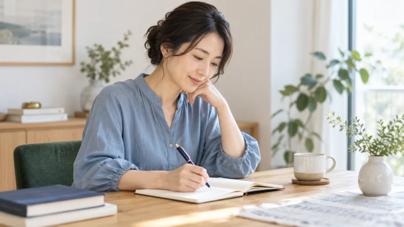 青いブラウスの日本人女性が相談の準備のためにノートを整理するAI生成イメージ