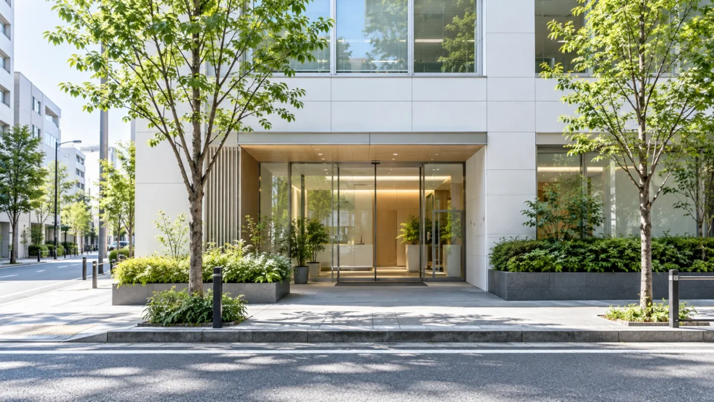 街路樹のある日本のオフィス街と架空の建物を描いた、人物のいないAI生成イメージ