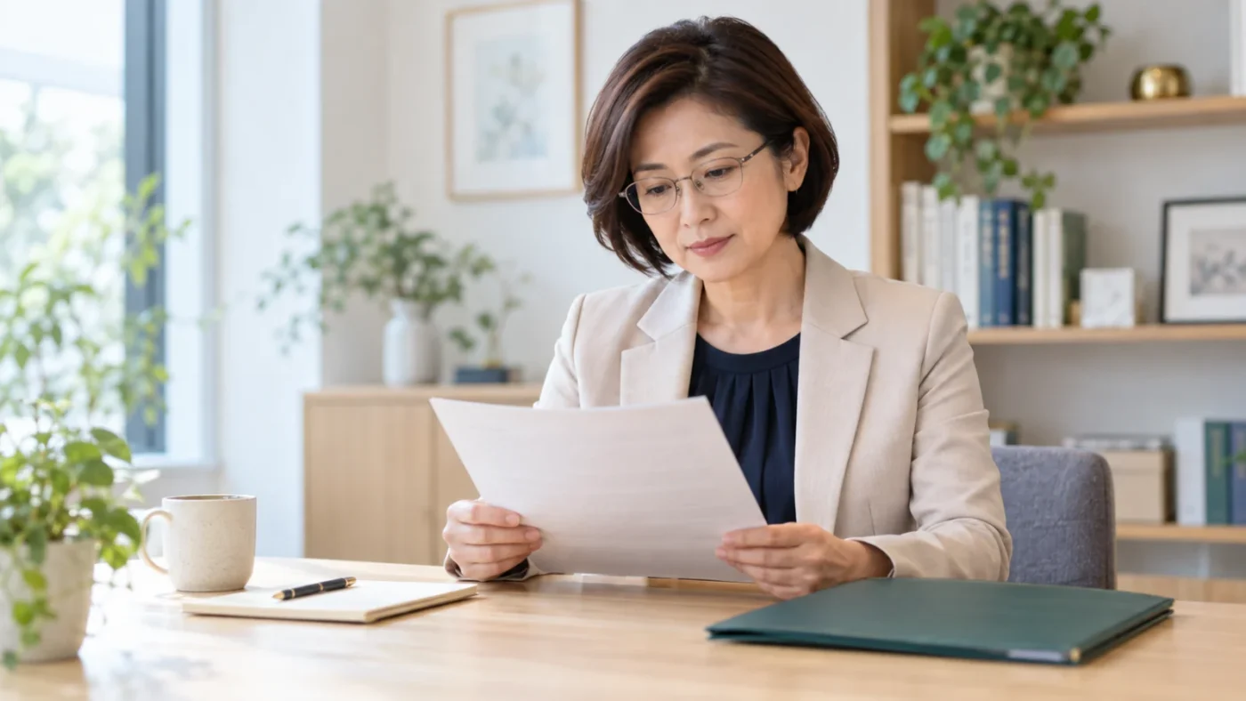 眼鏡をかけた日本人女性が書面の条件を確認するAI生成イメージ