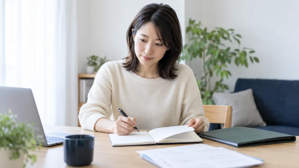 自宅の机でノートを開いて相談内容を整理する日本人女性のAI生成イメージ