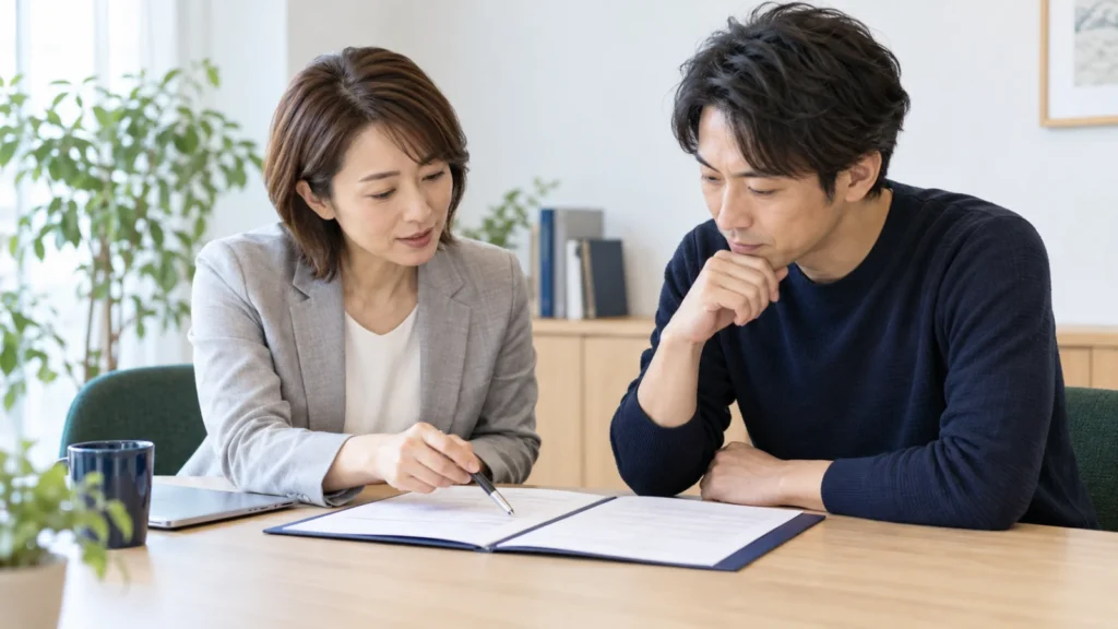 相談室で書面を一緒に読み、条件を確認する日本人の男女のAI生成イメージ